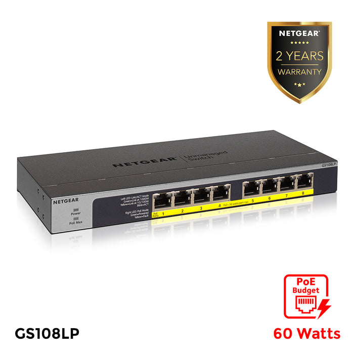 GS108LP 8 Port Gigabit Ethernet PoE+ Unmanaged Switch with FlexPoE (60W) - Garansi 2 Tahun