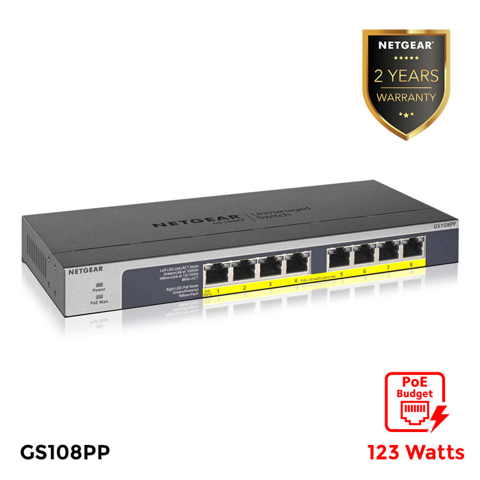 GS108PP 8 Port Gigabit Ethernet High-Power PoE+ Unmanaged Switch with FlexPoE (123W) - Garansi 2 Tahun