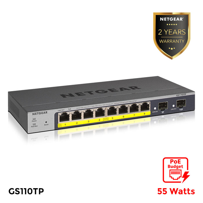 GS110TP 8-Port Gigabit PoE+ Ethernet Smart Switch with 2 SFP Ports and Cloud Management (55W) - Garansi 2 Tahun