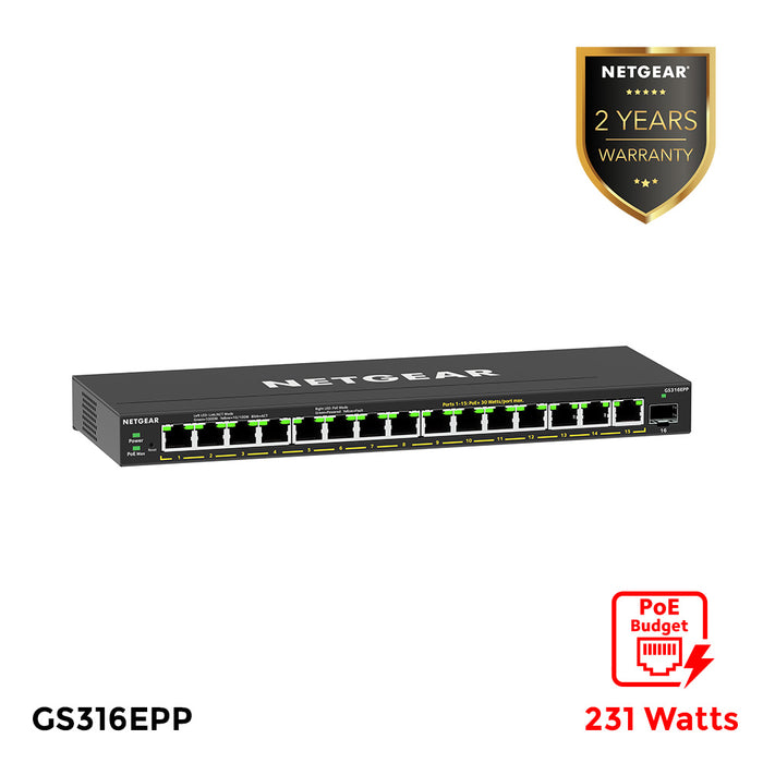 GS316EPP 16 Port High-Power PoE+ Gigabit Ethernet Plus Switch (231W) with 1 SFP Port - Garansi 2 Tahun