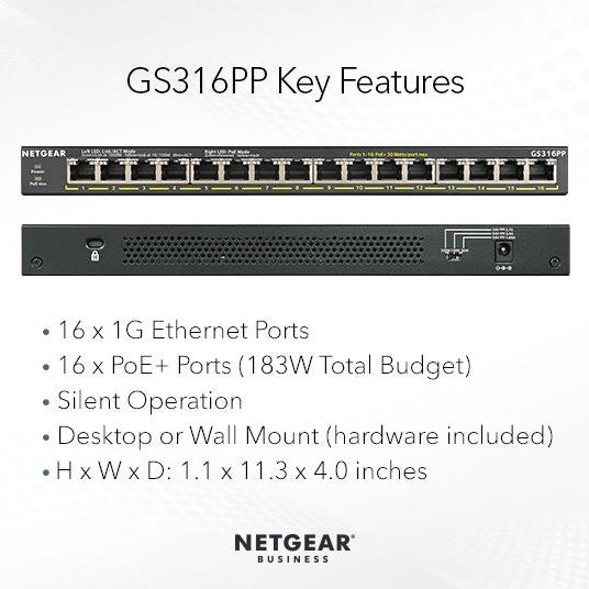 GS316PP 16 Port Gigabit Ethernet Unmanaged PoE+ Switch with FlexPoE (183W) - Garansi 2 Tahun