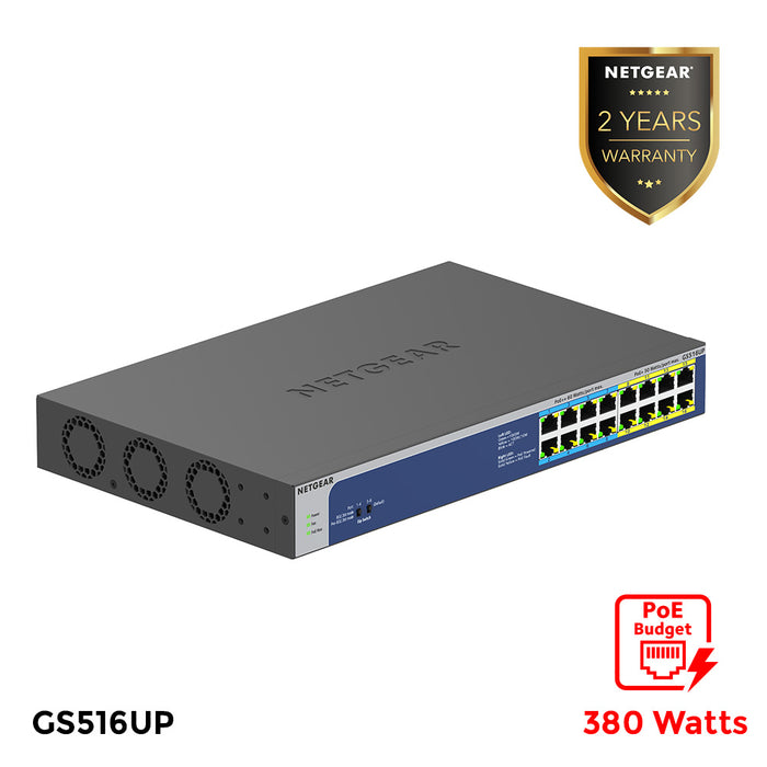 GS516UP 16 Port Gigabit Ethernet High-Power PoE+ Unmanaged Switch with 8 Ports PoE++ (380W) - Garansi 2 Tahun