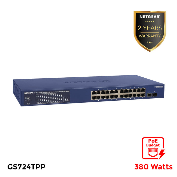 GS724TPP 24 Port Gigabit Ethernet PoE+ Smart Switch w/ optional Remote/Cloud Management & 2 SFP Ports (380W)  - Garansi 2 Tahun