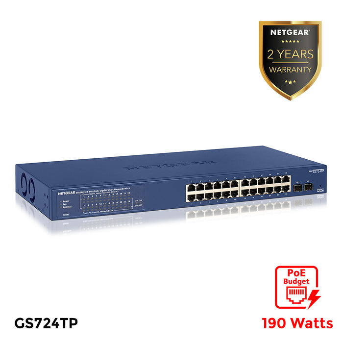 GS724TP 24-Port Gigabit Ethernet PoE+ Smart Switch with 2 SFP Ports and Cloud Management (190W) - Garansi 2 Tahun